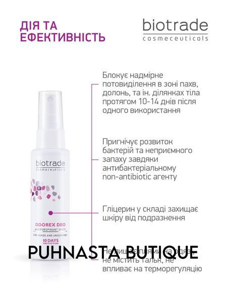 Антиперспірант-спрей тривалої дії Biotrade Odorex Deo Antiperspirant Spray 10 днів без поту та запаху, 40 мл 1142 фото