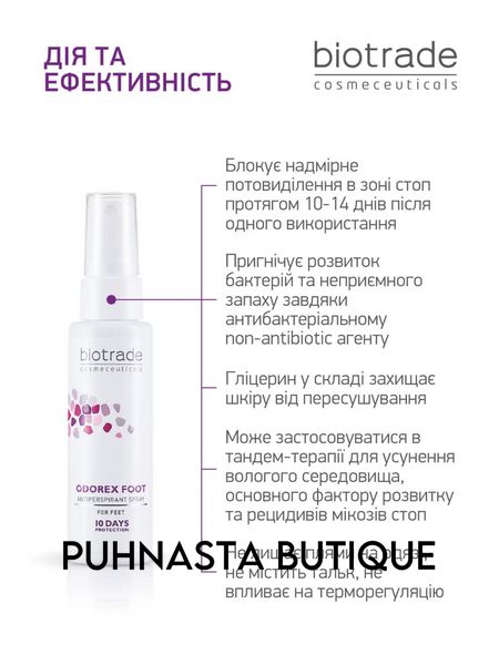 Спрей для ног Biotrade Odorex Foot Antiperspirant Spray длительного действия, 10 дней без пота и запаха, 40 мл 1143 фото